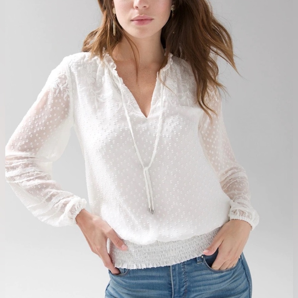 White House Black Market Sheer Sleeve White Blouse